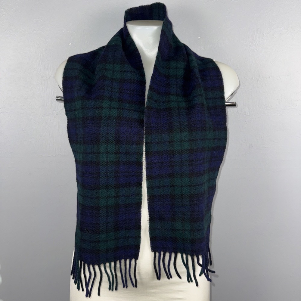 Polo Ralph Lauren Scarf 100% Lambswool Plaid Tartan Blue Green Black Classic